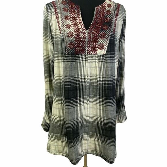 Anthropologie Floreat Black Cream Plaid  Burgundy Embroidered V Neck Tunic Small - Picture 2 of 11